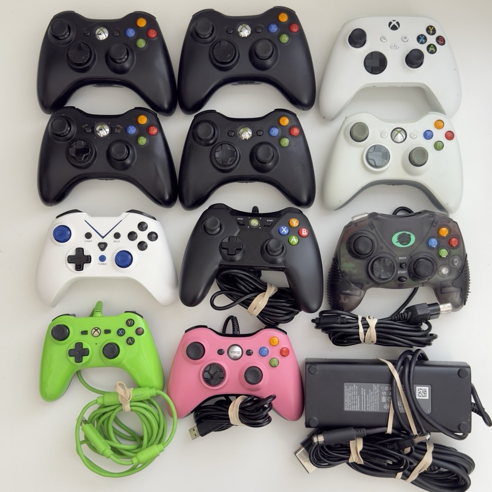Xbox Controllers Wireless Wired Lot Of 11 + Cable Adapter Wires UNTESTED AS-IS